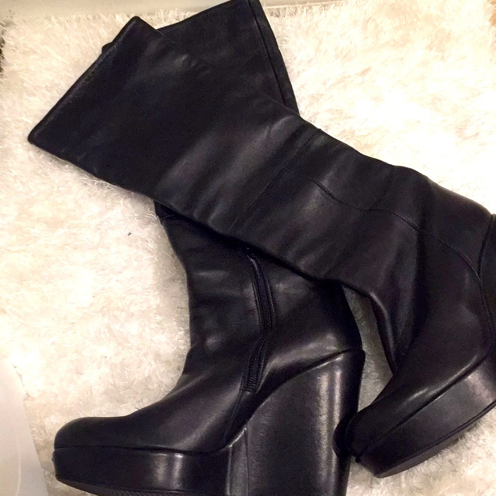 Stuart Weitzman Black Leather Wedge Knee-High Booties